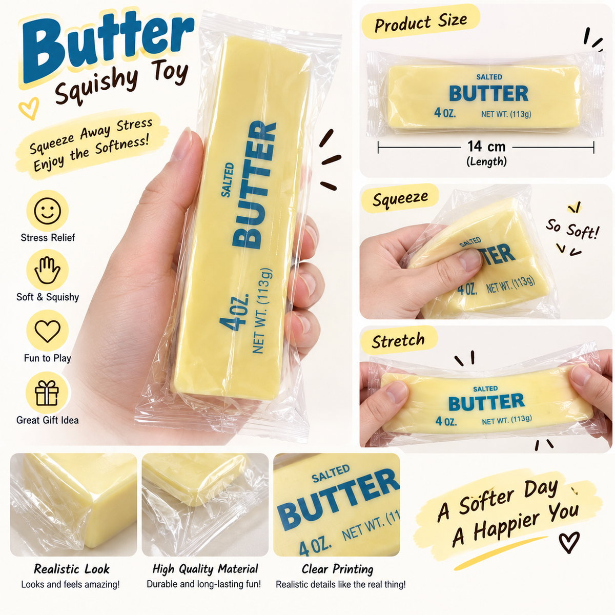 Cute Food Squishy Stress Relief Toy – Butter, Cheese cube, Cotton candy, Chocolate & Bun